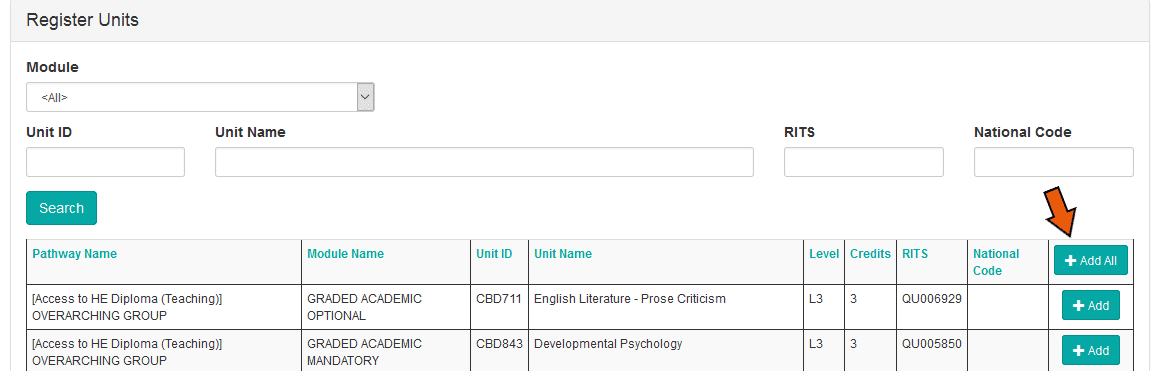 Image of register units screen
