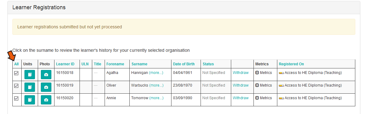 Image of learner registrations screen