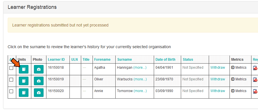 Image of learner registrations screen