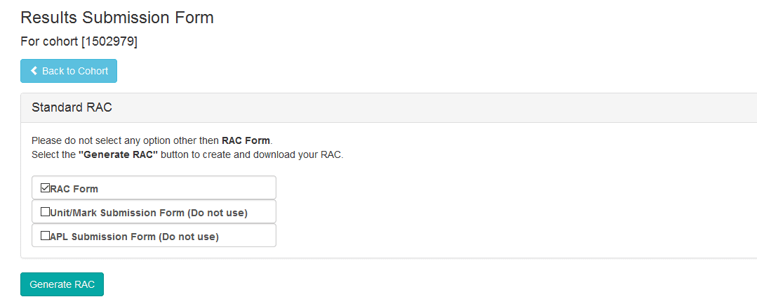 Image of results submission form generation screen