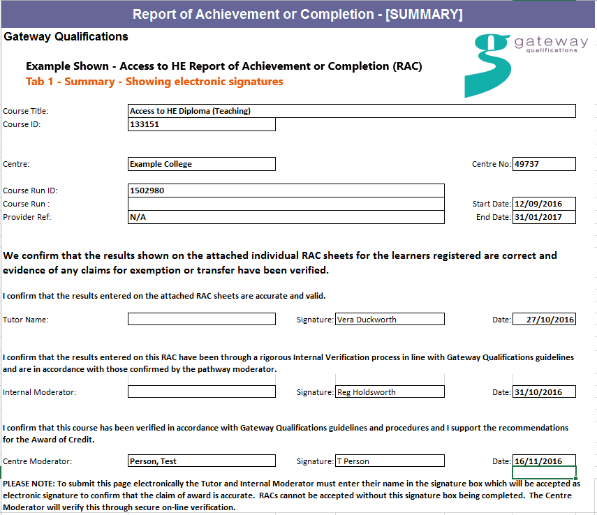 Image of Access to HE RAC summary sheet and electronic signatures