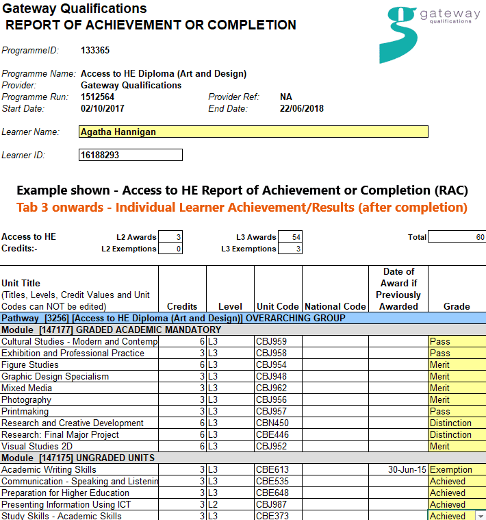 Image of Access to HE RAC - Individual Learner Acheivement Sheet