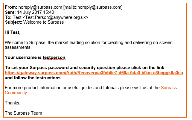 Example email from Surpass with log in details