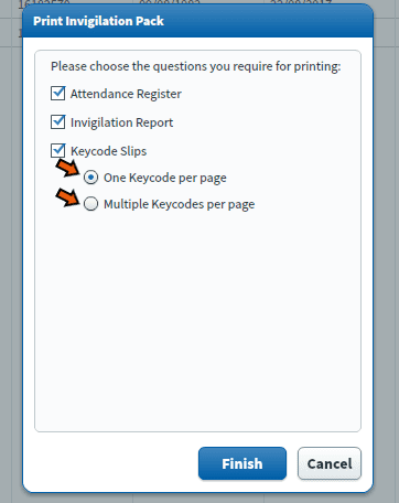 Surpass print invigilation pack options page