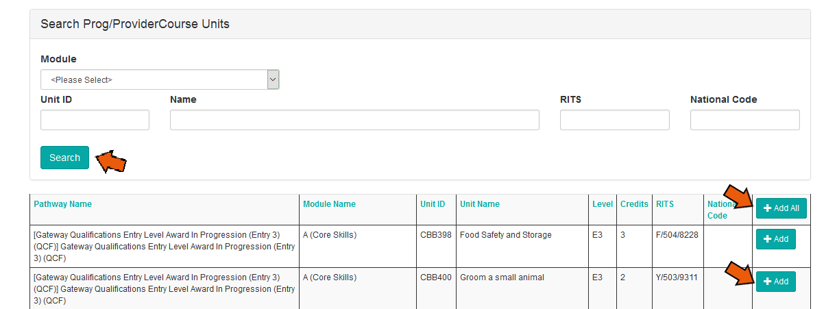 Image of cohort unit registration screen