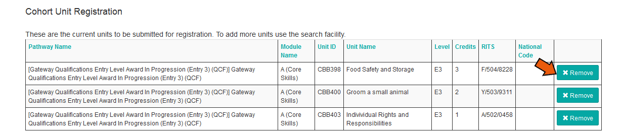 Image of cohort unit registration screen