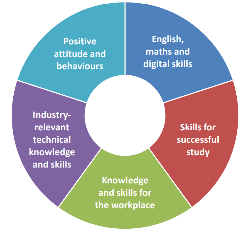 Donunt chart depicting equal segments of: English, maths and digital skills, Skills for successful study, Knowledge and skills for the workplace, Industry-relevant technical knowledge and skills, and Positive attiude and behaviours.