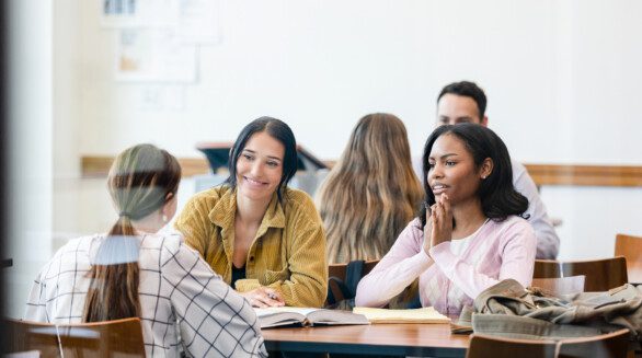 Young adults sit in a around tables in a classroom discussing work.
