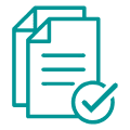 Two documents with text lines and a verification tick.