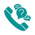 Telephone handset with speech bubbles containing question marks, representing contact, enquiries or customer support.