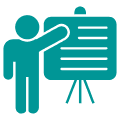 Icon showing a person next to a presentation board, representing tutor support, guidance and teaching resources.