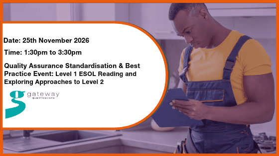 Promotional graphic for an ESOL Reading Level 1 event featuring workplace-based learning.